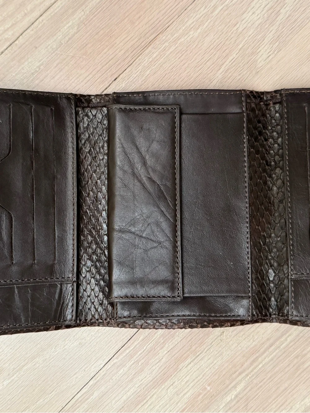 Dark Brown Python  Trifold Wallet with Textured Panels, handmade in Italy, new
